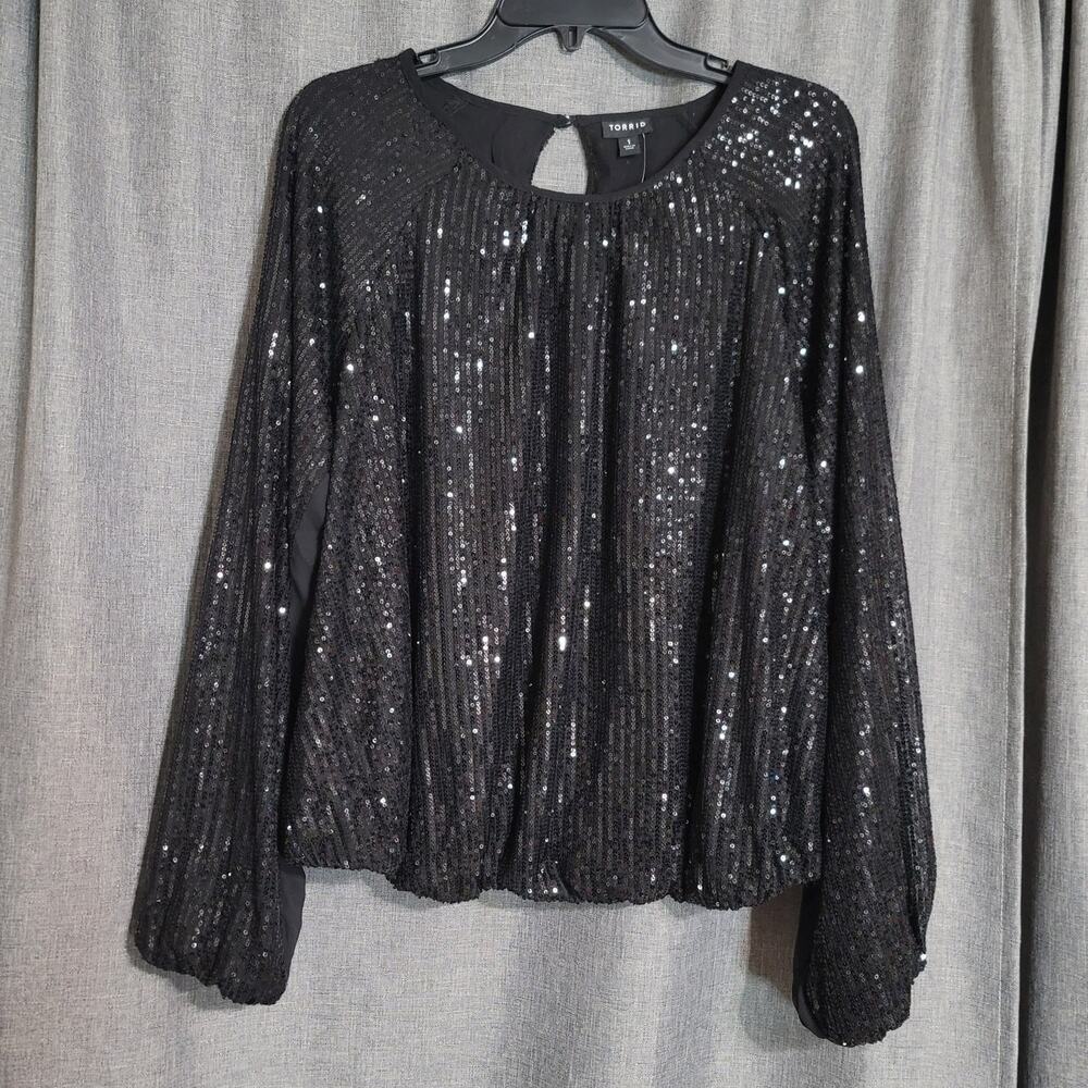 Torrid Black Sequin Bubble Hem Blouse Size 1 - Picture 11 of 11
